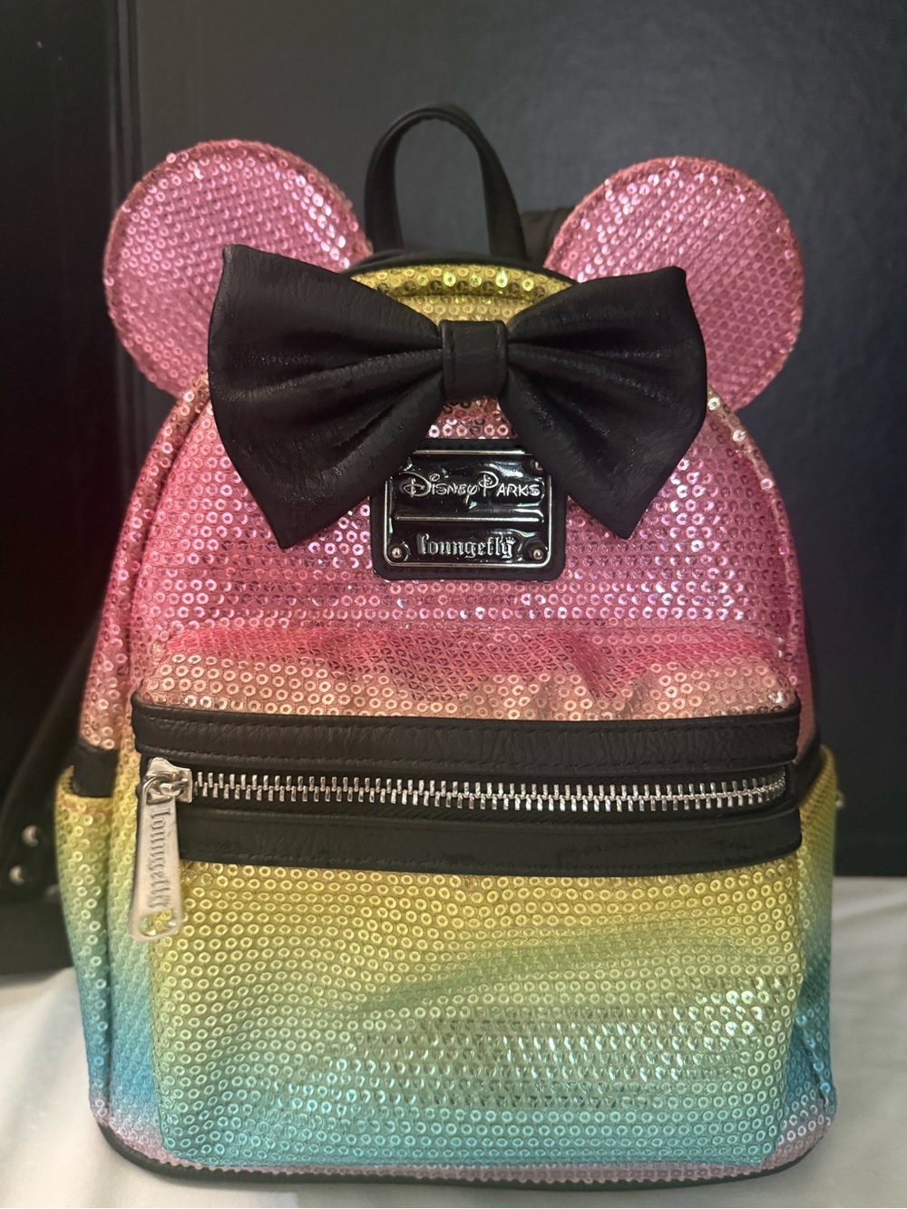 Loungefly Pink and Gold Sequin Ear Mini Backpack with Black Bow